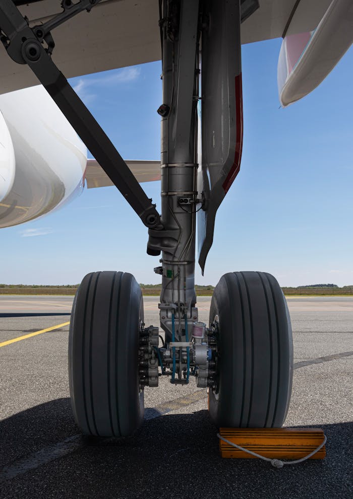 Close-up of aircraft landing gear on runway in Sylt, Germany, under clear skies.